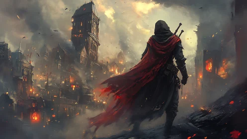 Cloaked swordsman surveying incendiary clocktower ruinscape.