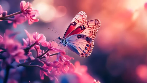 Radiant butterfly rests among glowing pink spring blossoms