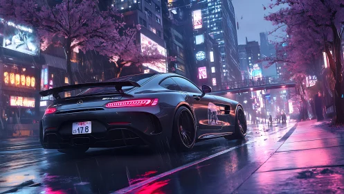 Neon storm sprint: silver supercar under cherry rain.