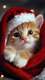 Christmas kitten portrait in red Santa hat close-up.