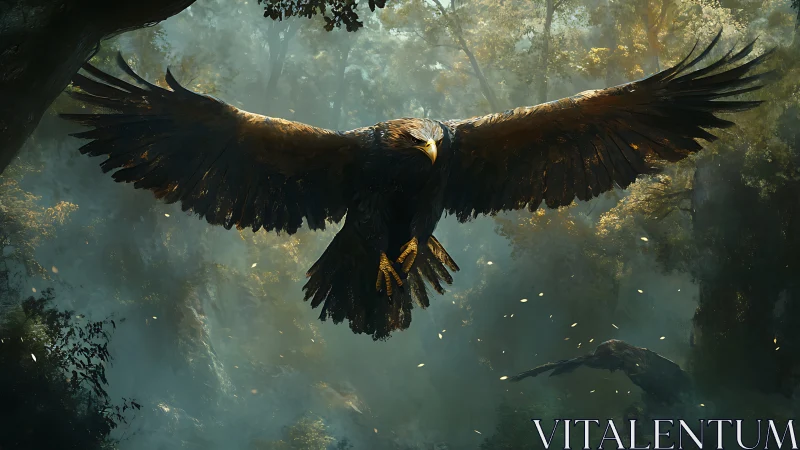 Majestic eagle soaring in mystical forest, digital fantasy art.