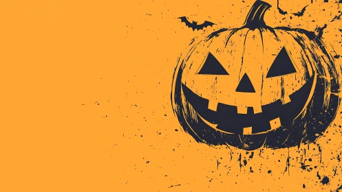 Grunge vector jack-o-lantern silhouette with bats on flat orange field