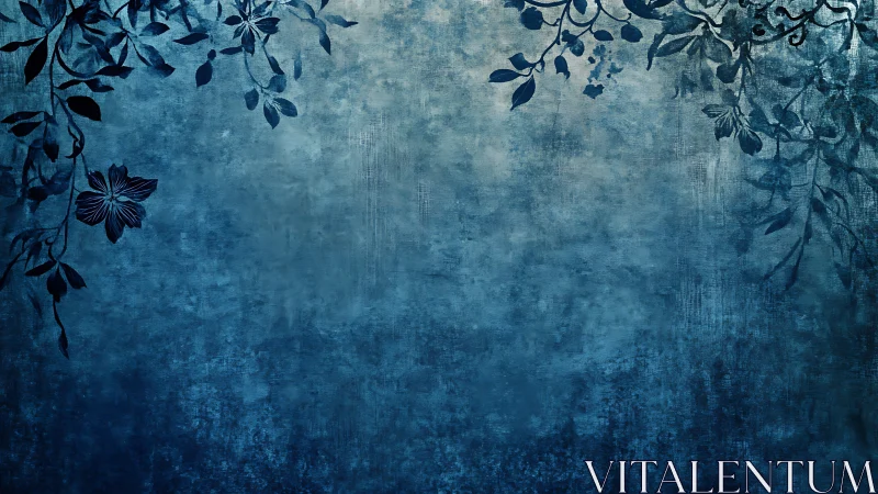 Midnight blue floral grunge background with vining silhouettes.