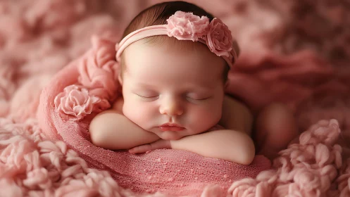 Sleeping Newborn Girl in Pink Floral Headband.