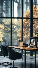 Modern Designer Workspace with Autumn Forest View Through Large Windows