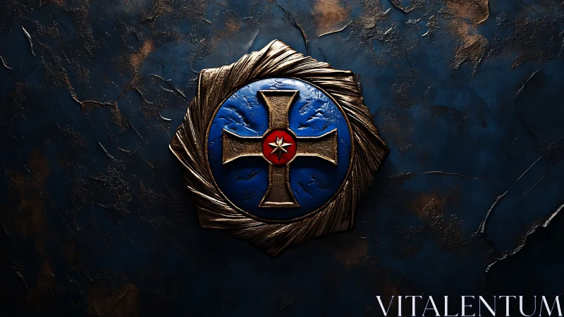 Embossed bronze cross emblem rests on textured navy wall.