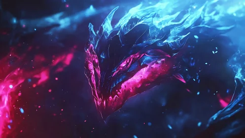 Crystal dragon head in vivid blue and magenta light.