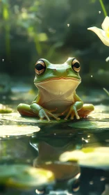 Pondside Philosopher Frog under sunlit lily halos.
