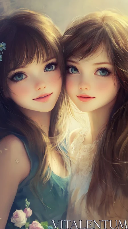 Digital painting portrait of two girls in soft backlight.