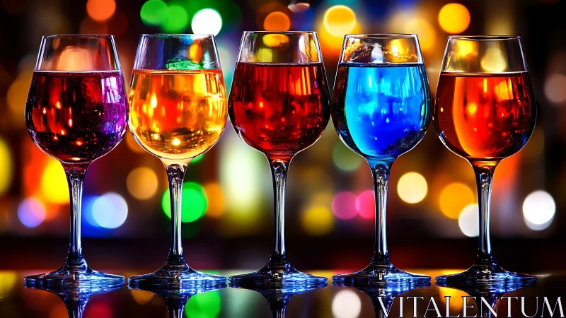 Colorful cocktail glasses against vivid bokeh lights.