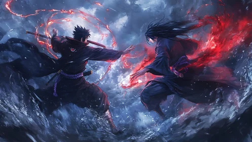 Two dark-robed warriors locked in a red-lit ocean duel.