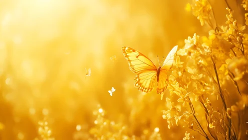 Golden butterfly drifts gently through sunlit yellow blossoms