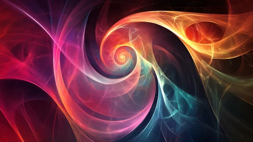 Vibrant swirling fractal spiral in vivid neon colors.
