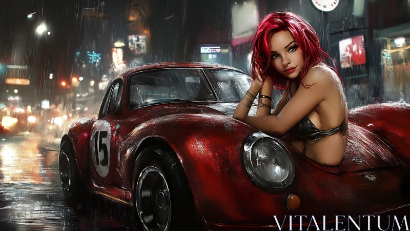 Woman leaning on red race car in rainy night city street.