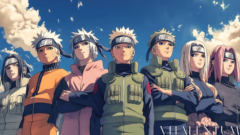 Group of anime ninja characters stand together under sky