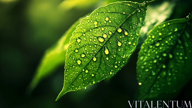 Close-up of green leaves with water droplets on surface.