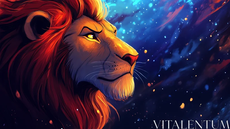 High-contrast digital lion portrait with nebular bokeh backdrop