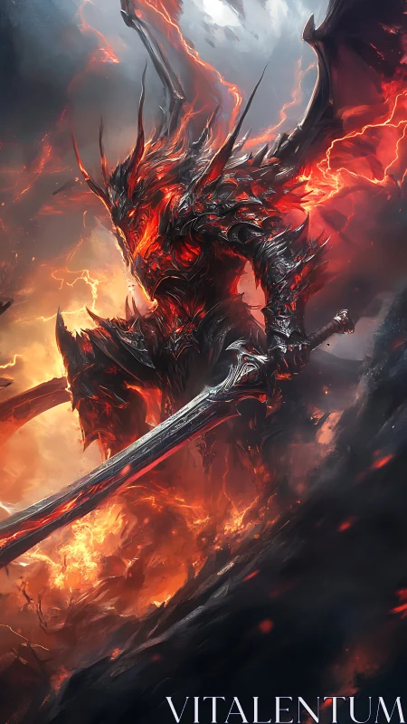 Fiery demon warrior standing tall in blazing molten chaos.