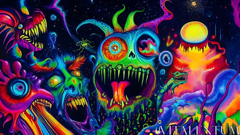 Neon cosmic monsters erupt across psychedelic alien sky.