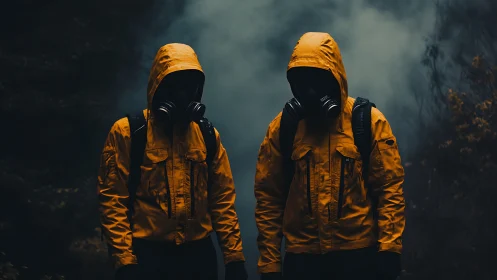 Two hooded figures in yellow hazmat jackets within dense toxic fog