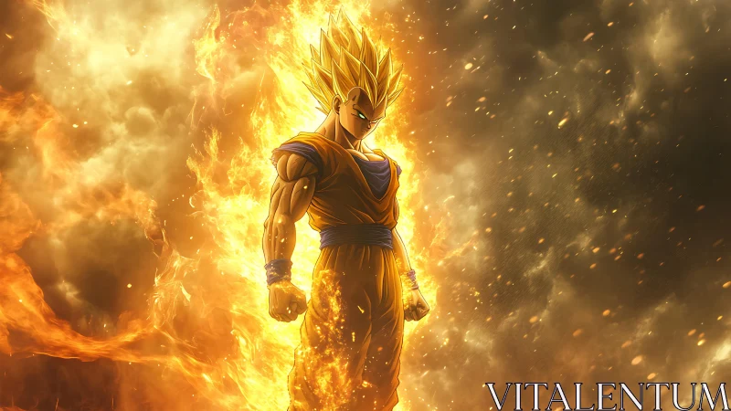 Golden warrior erupts from blazing storm of cosmic fire.