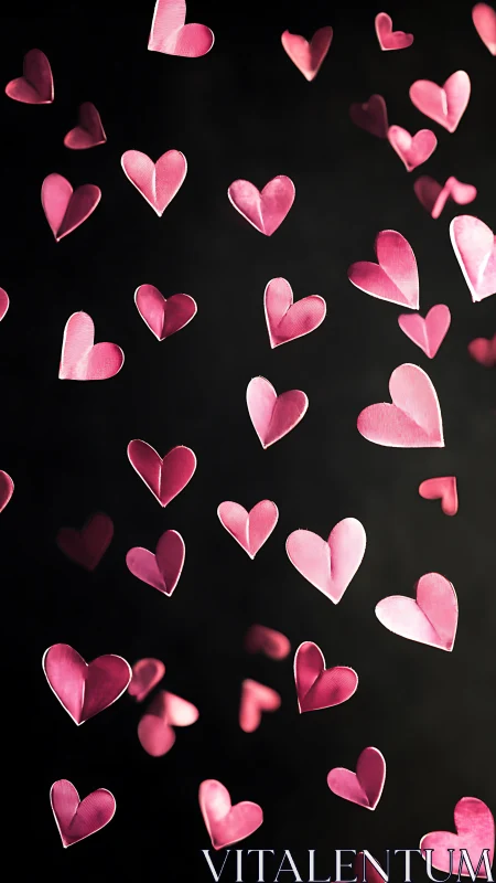 Pink paper hearts float against dark background with soft bokeh glow