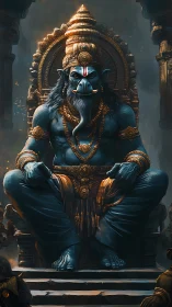 Blue humanoid deity sits on ornate golden stone throne