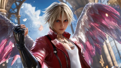 Winged warrior stands defiant in luminous cathedral light