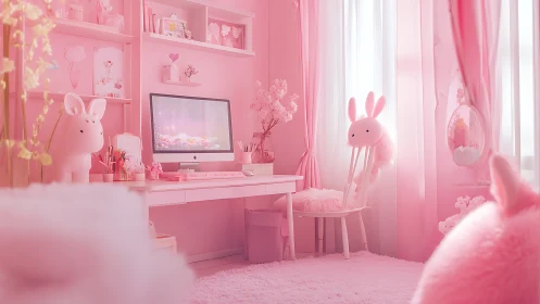 Monochrome pink kawaii desktop workspace with plush rabbits