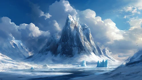 Majestic frozen mountain rises above luminous arctic clouds.
