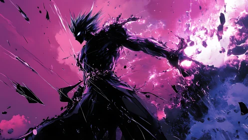 Dynamic neon warrior silhouette in explosive digital painting.