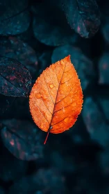 Macro chromatic study of wet orange leaf on cyan foliage.