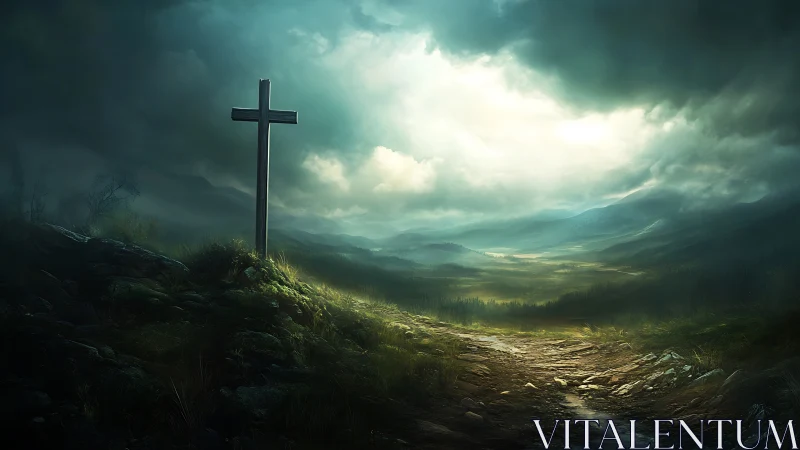 Lone hillside cross beneath storm-torn, radiant heavens.