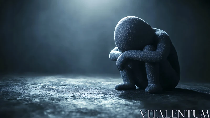 Solitary textured figure seated on dimly lit rough floor.