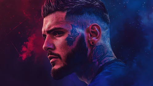 Tattooed man’s neon portrait glows in moody dual lighting