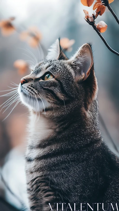 Tabby Cat Gazing Upward With Botanical Foliage and Bokeh Background