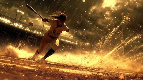 Storm-lit batter explodes through rain and flying golden grit.
