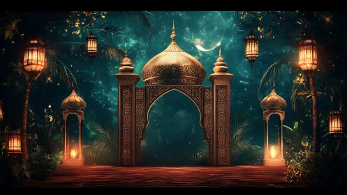Ornate golden archway under moonlit tropical night sky