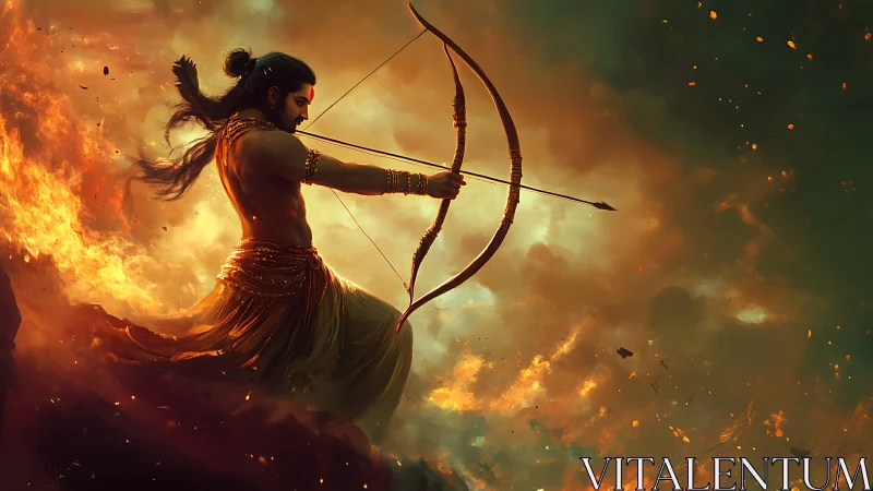 Archer in profile amid firelit sky with drawn bow poised.