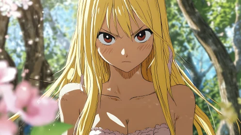 Fierce forest girl framed by drifting spring blossoms.