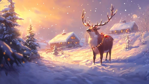 Winter sunrise reindeer scene in luminous digital painting.