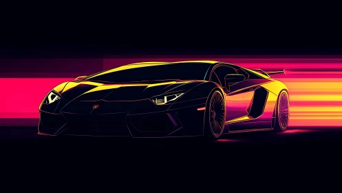 Neon outline of low sports car racing through dark city.