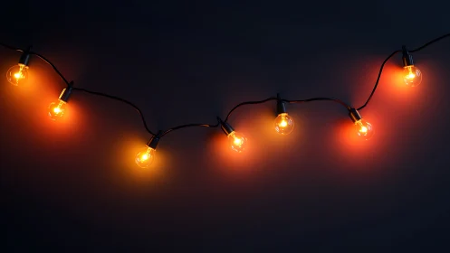 Warm tungsten string bulbs emit soft radial glow on dark field