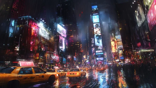 Neon taxis drift through rain-soaked midnight city canyons.