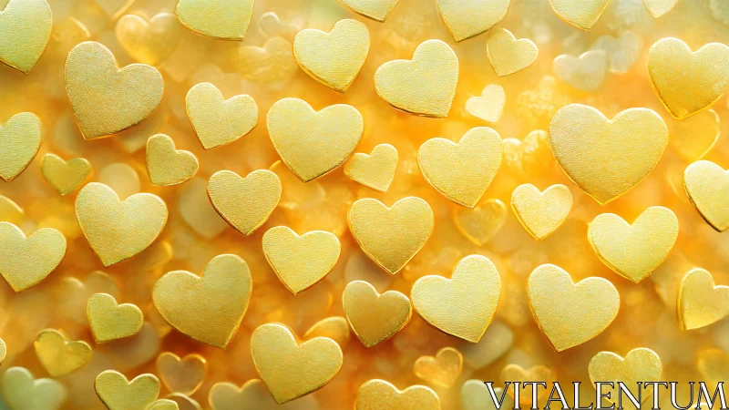 Golden heart shapes floating on warm yellow bokeh background.