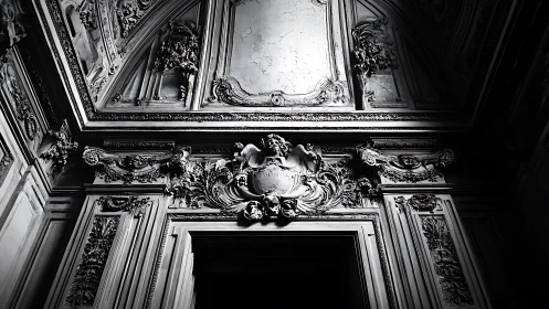 Ornate baroque doorway and ceiling in dramatic shadow.