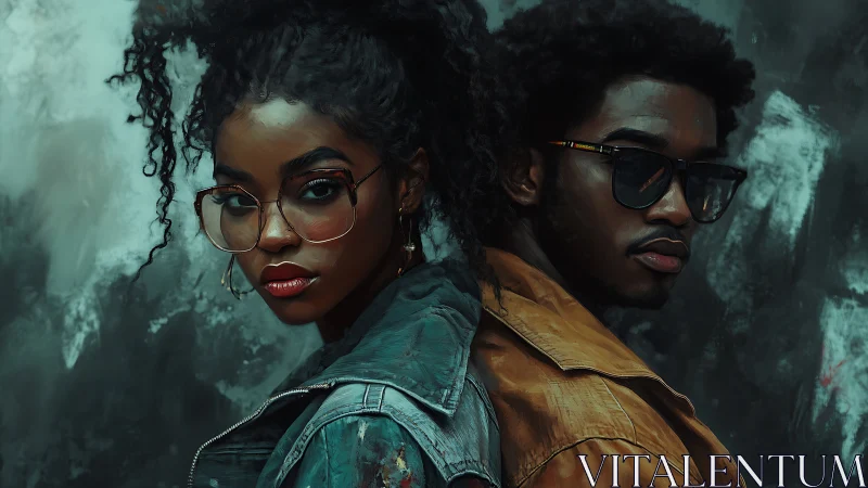 Two figures in eyewear against textured teal background