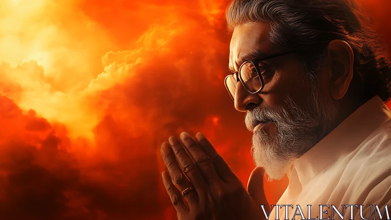 Elderly man with folded hands stands before intense orange sky