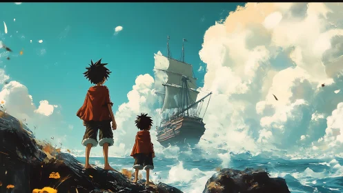 Two cloaked boys watch distant tall ship under vast skies.