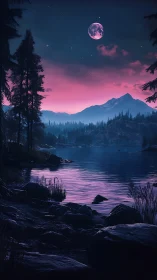Luminous moonrise paints a tranquil alpine lake in violet glow.